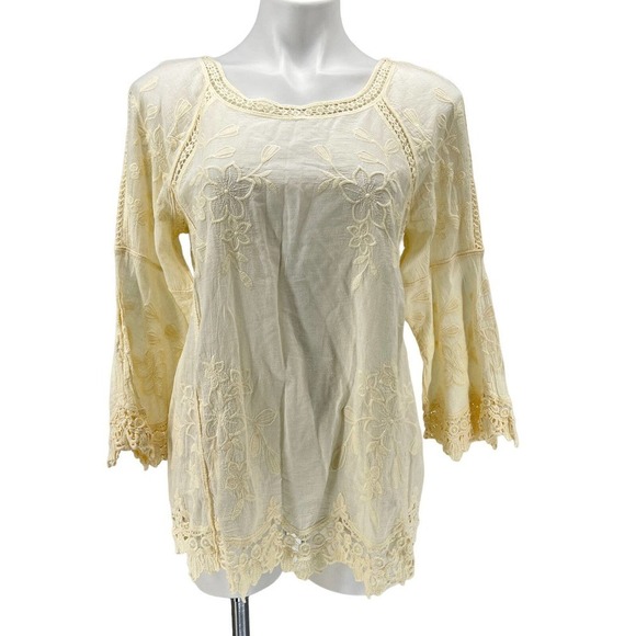 Soft Surroundings Tops - Soft Surroundings Romantique Tunic Crochet Bell Sleeve Aged Yellow Lace Top M